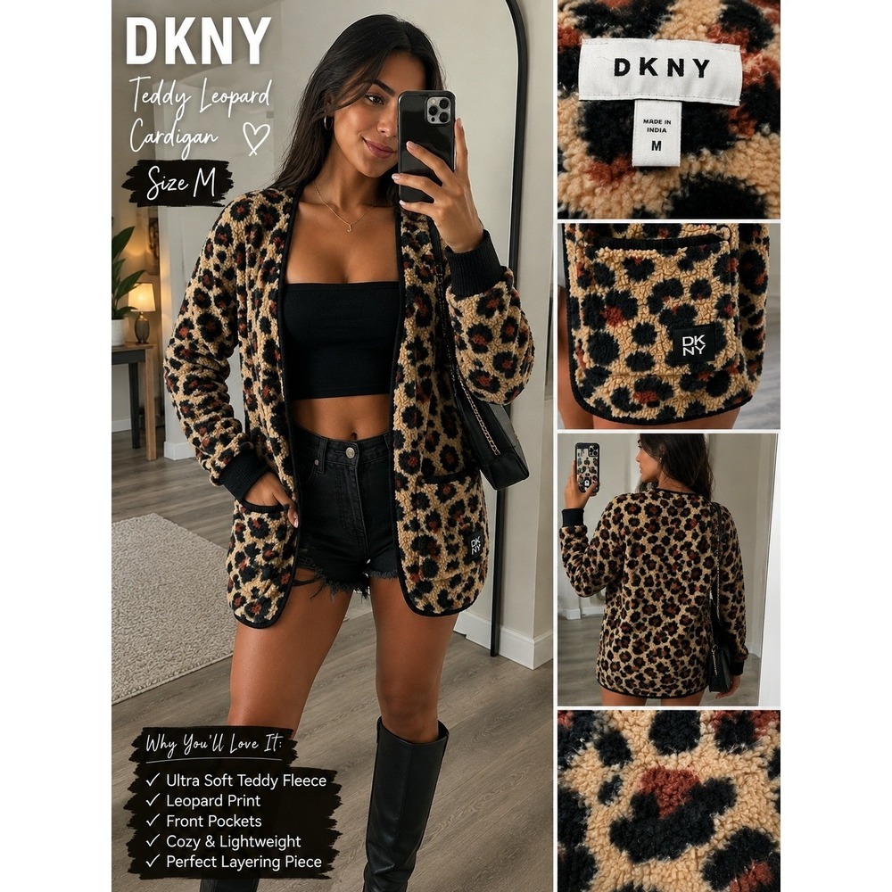 DKNY Leopard Cardigan Womens Size M Fleece Open Front Longline Jacket Brown